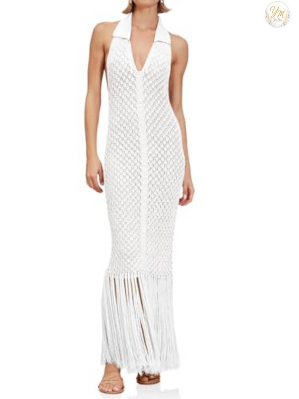 Saodimallsu Womens Halter Crochet Cover Up Fringe Backless V Neck Beach Maxi